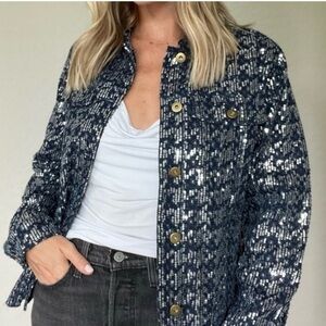 SIX/FIFTY Pixie Blue Denim Sequin Jacket  with Raw Hem #SF3259 Size Small